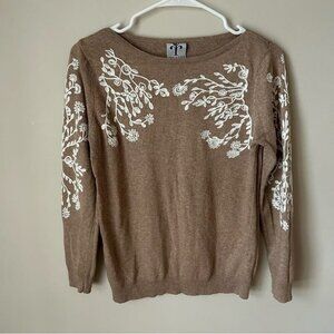 Rain + Rose Angora Blend Tan White Floral Embroidered Sweater Crewneck Size XS